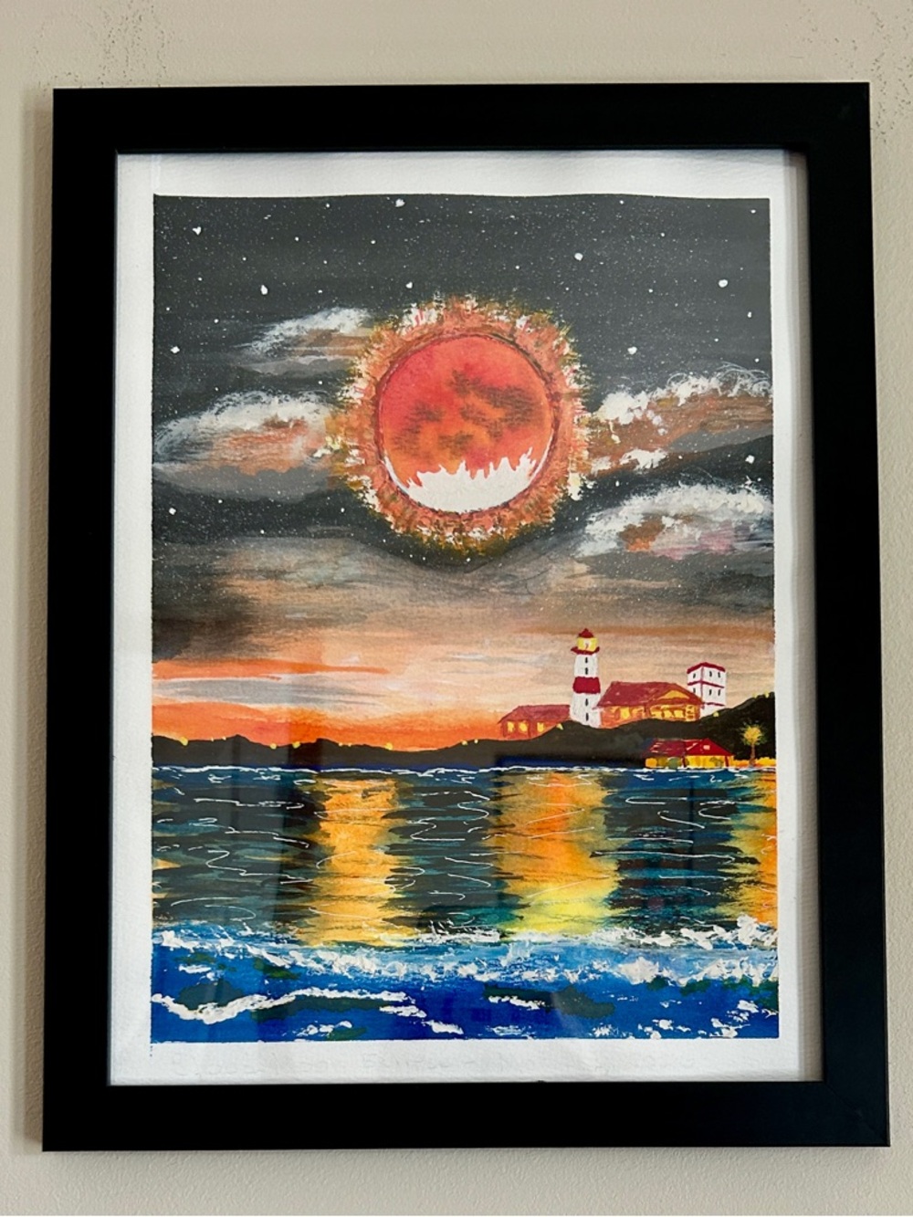 Original Watercolor Lighthouse Sunset Ocean Framed Art Dramatic Sky Reflection